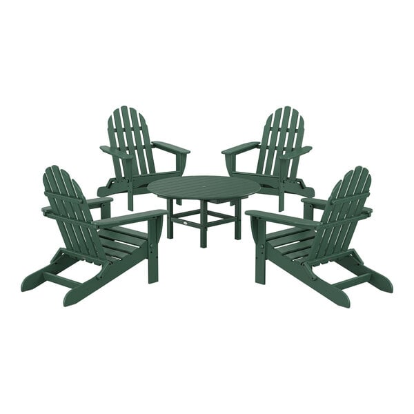 A green POLYWOOD Adirondack chair next to a table.