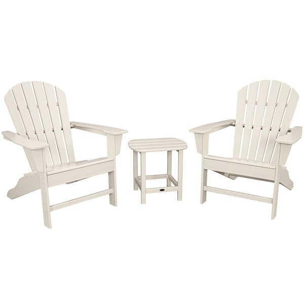 A white POLYWOOD South Beach patio set with 2 Adirondack chairs and a table.