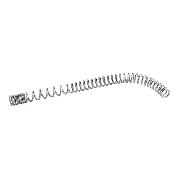 A close-up of a metal spring with a spiral on a white background.