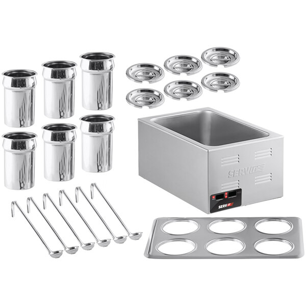 A silver rectangular ServIt countertop food warmer with six round inserts and covers.