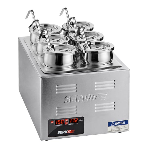 A stainless steel countertop food warmer with six round containers, each with a lid and ladle, and a digital control panel on the front.