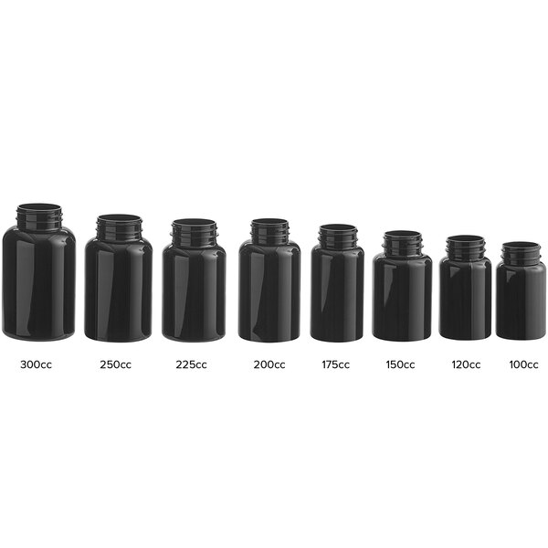 A close-up of a 225cc dark amber packer bottle with a black cap.