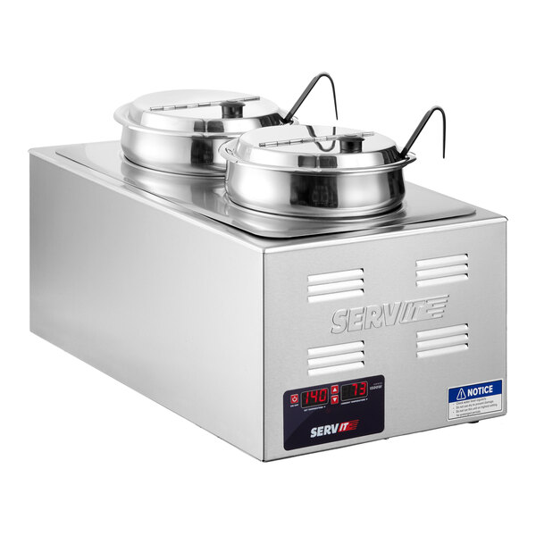 A stainless steel countertop food warmer with two wells, digital controls, two insets, two covers, and two ladles.