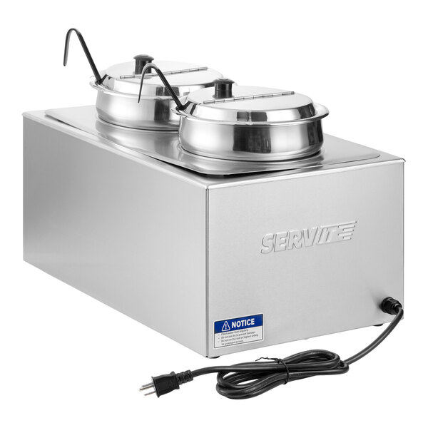 A stainless steel countertop food warmer with two round insets, two lids, and two ladles, designed for keeping food warm.