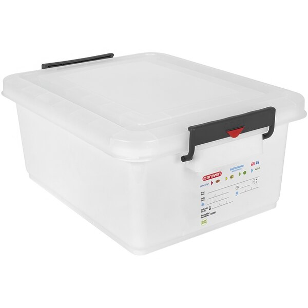 A white Araven plastic food box with a snap-on lid.
