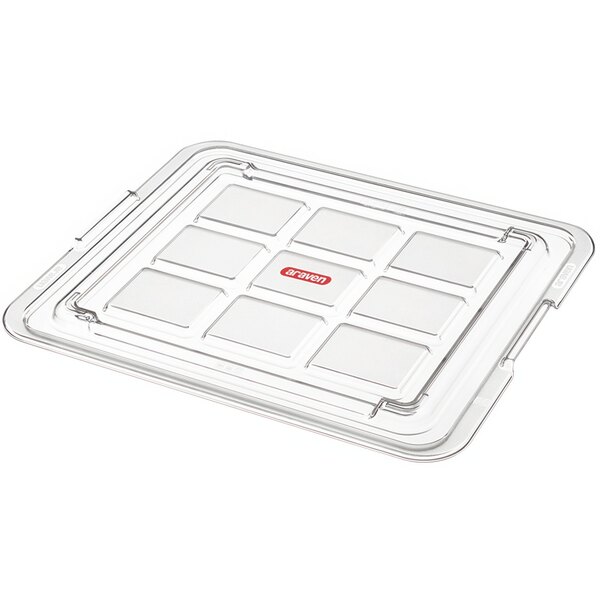 A clear plastic Araven food storage lid with white squares.