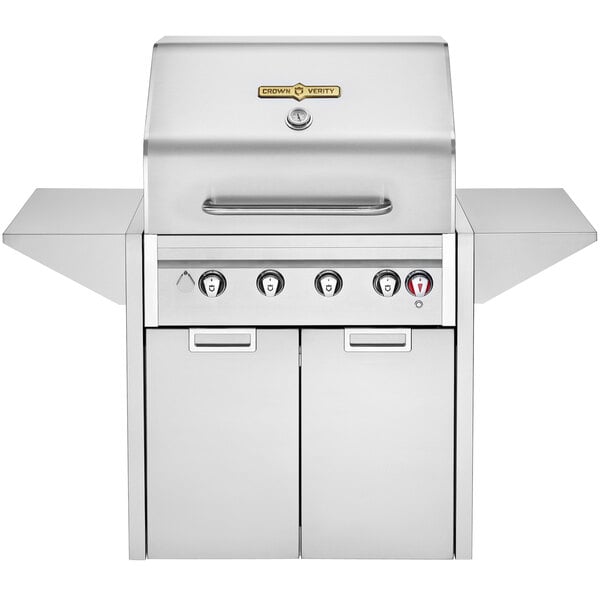 A stainless steel Crown Verity natural gas cart grill with two doors.