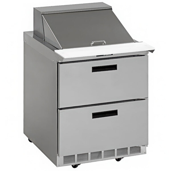 A Delfield stainless steel refrigerated sandwich prep table with 2 drawers.