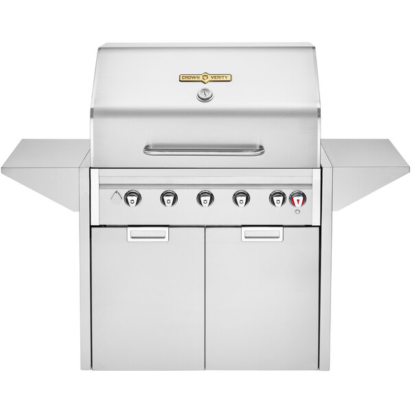A stainless steel Crown Verity portable outdoor grill with two doors.