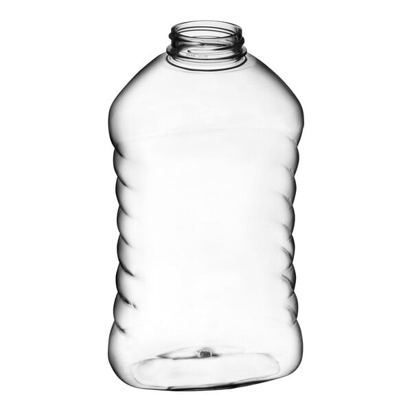 A clear ribbed plastic hourglass honey bottle with a white lid.