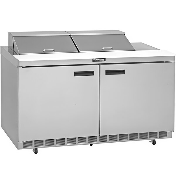 A Delfield 60" 2 door refrigerated sandwich prep table on a counter.