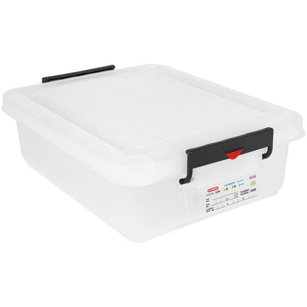 An Araven white plastic food box with a snap-on lid and black handle.