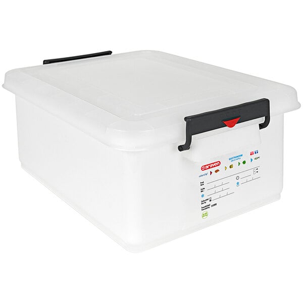 An Araven white plastic food box with black handles and a snap-on lid.