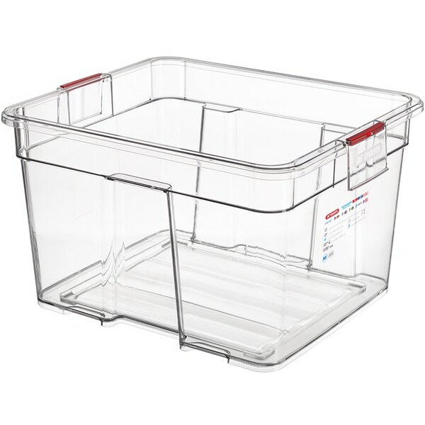 A clear plastic Araven food box with red handles.