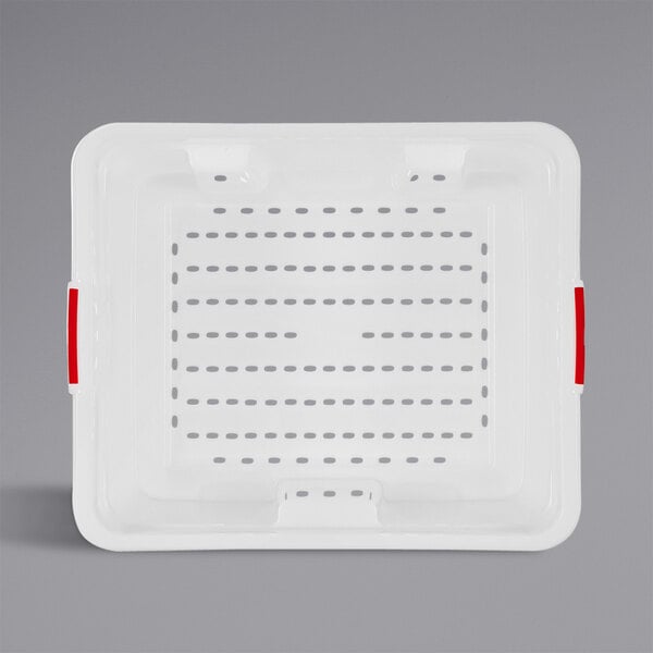 A white plastic Araven food drain box with red handles and holes.