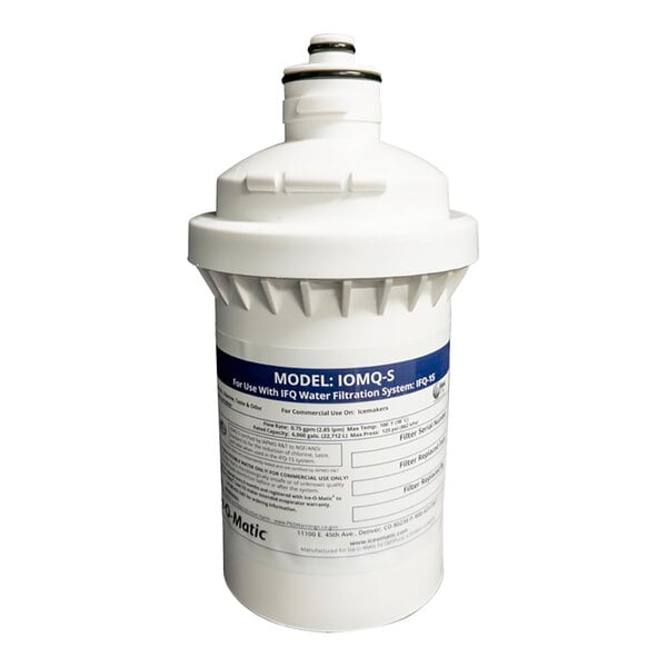 A white plastic Ice-O-Matic water filter container with a blue label.