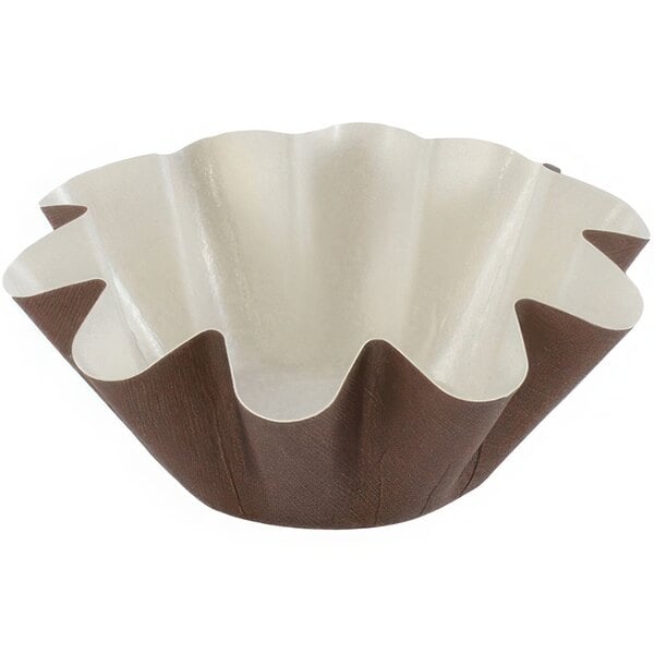 A brown and white paper Novacart floret baking cup.