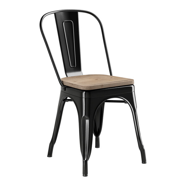 A Lancaster Table & Seating black metal chair with a gray wood seat.