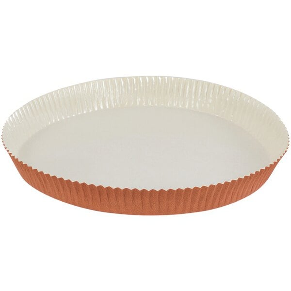 A brown and white Novacart Terra Cotta paper baking dish with a lid.