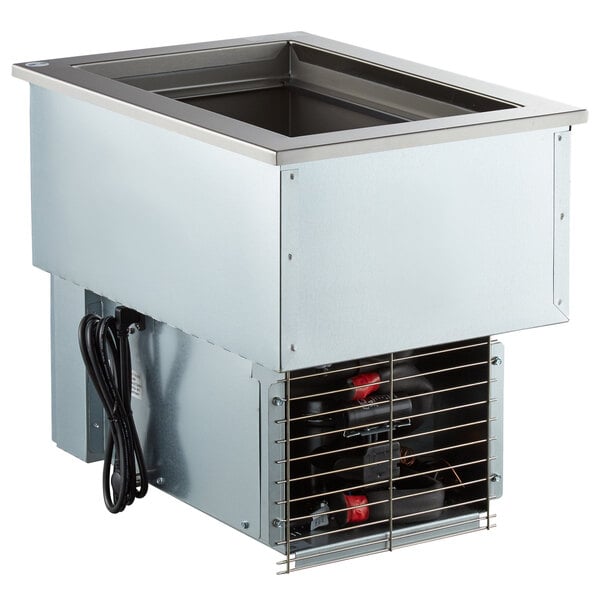 A Delfield drop-in hot and cold food well with wire mesh.