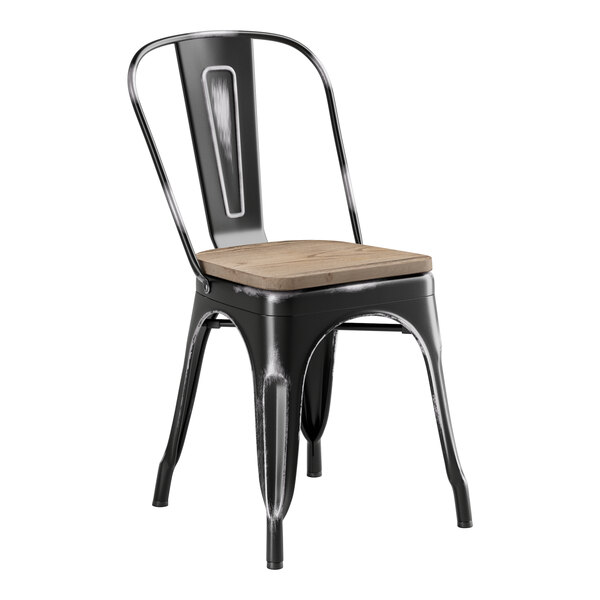 A Lancaster Table & Seating black metal cafe chair with a gray wood seat.