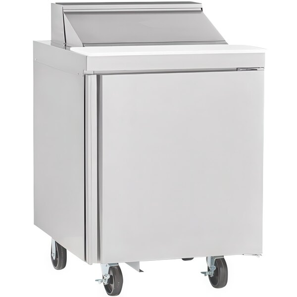 A Delfield stainless steel refrigerated sandwich prep table on wheels.