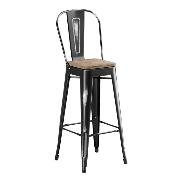 A Lancaster Table & Seating black metal barstool with a gray wooden seat.