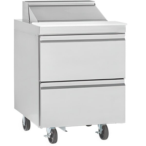 A white Delfield refrigerated sandwich prep table with black wheels.