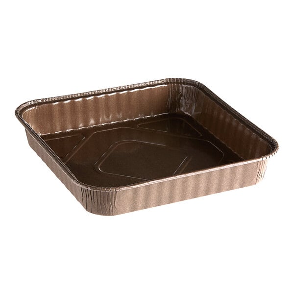 A brown foil container with a square lid.