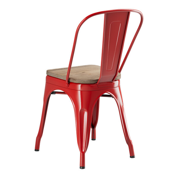 A red metal Lancaster Table & Seating cafe chair with a gray wood seat.