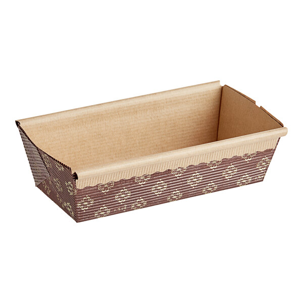 A brown rectangular Novacart kraft paper loaf pan.
