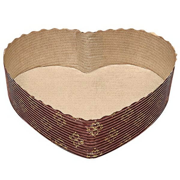 A heart shaped brown paper box with a gold design.