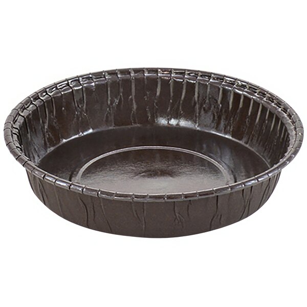 A brown round paper baking mold with a lid.