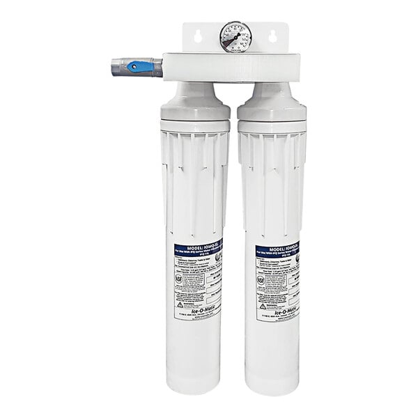 An Ice-O-Matic water filtration system with two blue water filters.