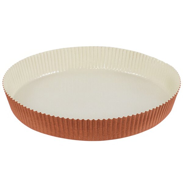 A white and brown Novacart Terra Cotta paper baking dish with a ruffled edge.