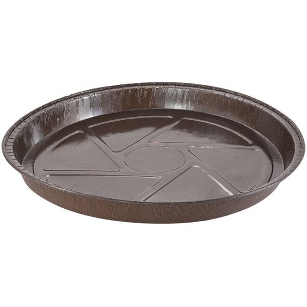 A brown round paper baking mold with a circular design.