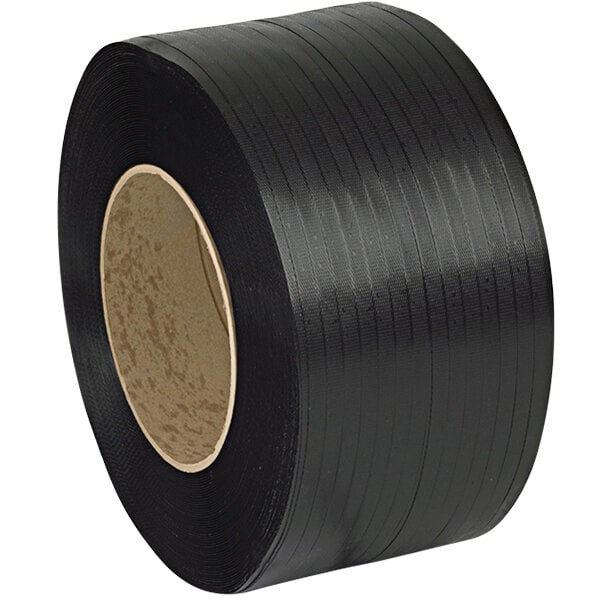 A roll of black PAC Strapping Coils with a white background.
