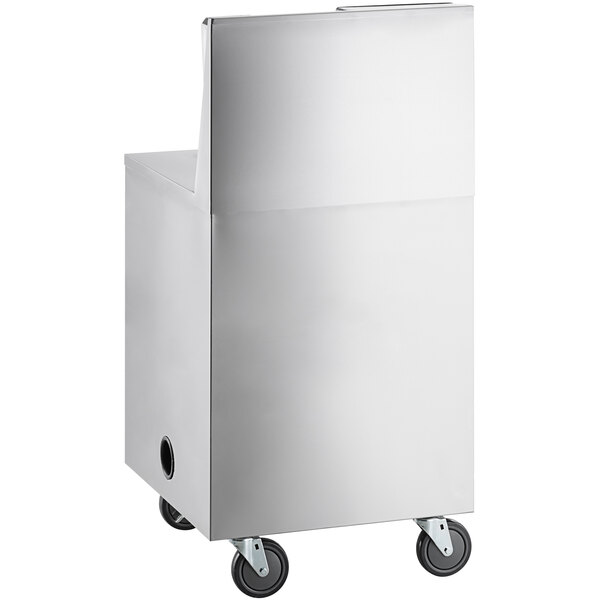 A white rectangular object with black wheels and a stainless steel sink.