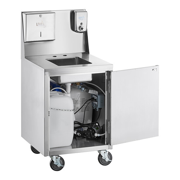 A Regency stainless steel portable hand sink with open doors and a water dispenser.