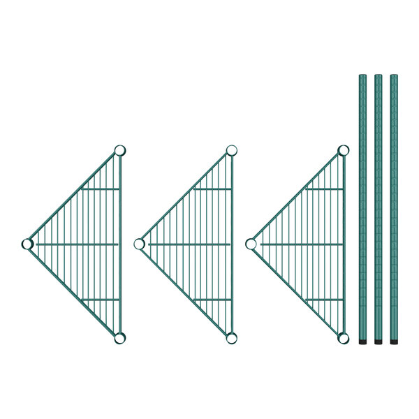 A Regency wire shelving kit with three green shelves and two metal poles.