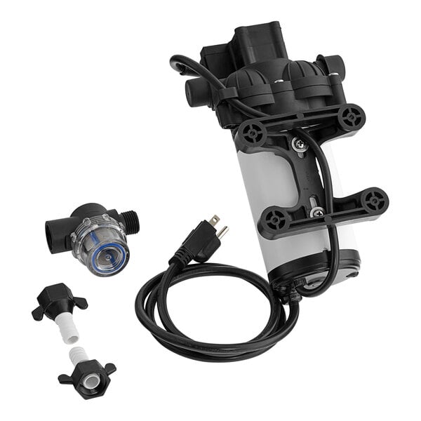 A black and white electric water pump with a power cord, accompanied by two hose fittings and connectors, all placed on a white background.