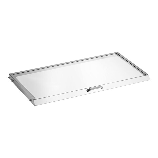 A white rectangular clear lid with a metal handle.