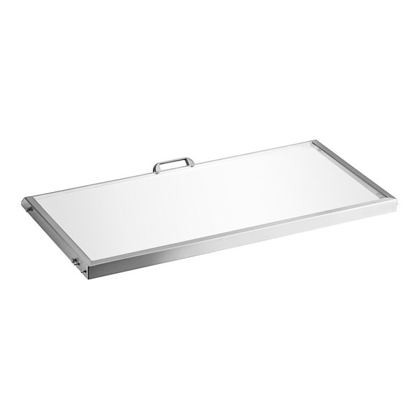 A clear rectangular lid with a handle on top of a white tray.