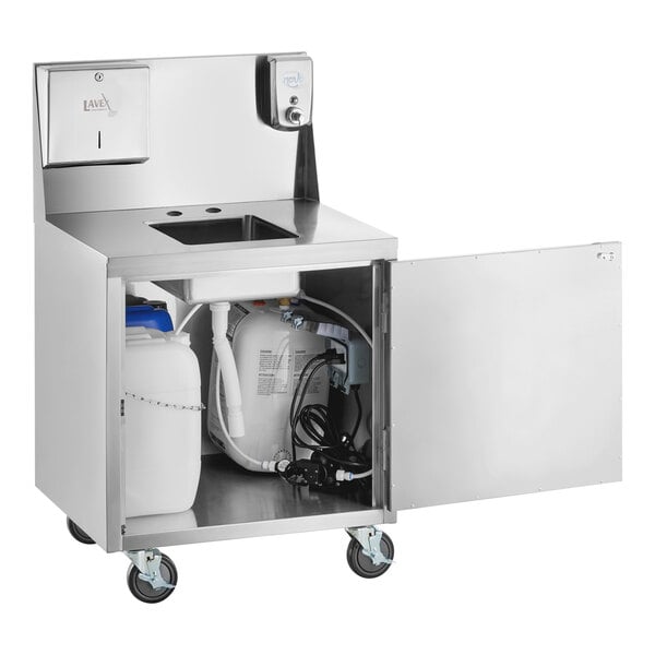 A Regency stainless steel portable hand sink with hot and cold water dispensers and a door open.