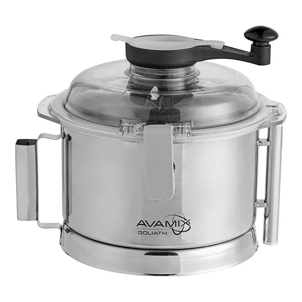 A stainless steel AvaMix bowl with an "S" blade inside.