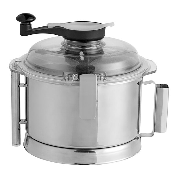 A stainless steel AvaMix bowl with an "S" blade inside.