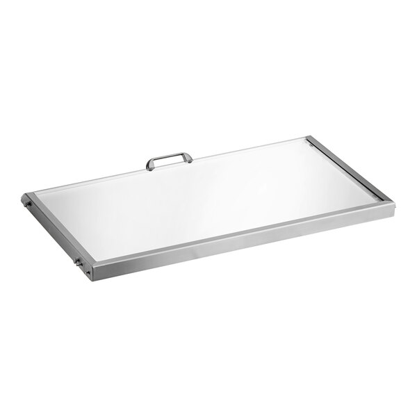 A clear rectangular lid with a metal frame for Beverage-Air refrigeration equipment.