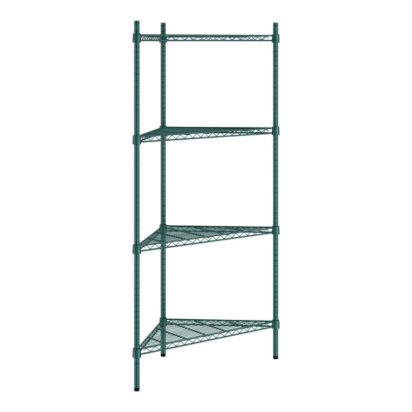 A green wire shelving unit with four shelves.