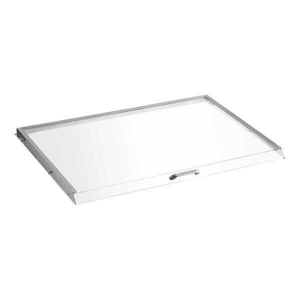 A clear rectangular lid with a silver handle.