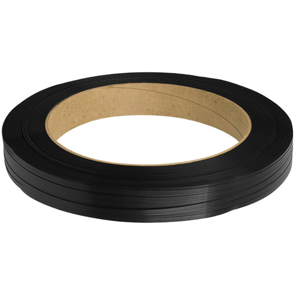 A black coil of PAC Strapping Products black polypropylene strapping with a white oval label.